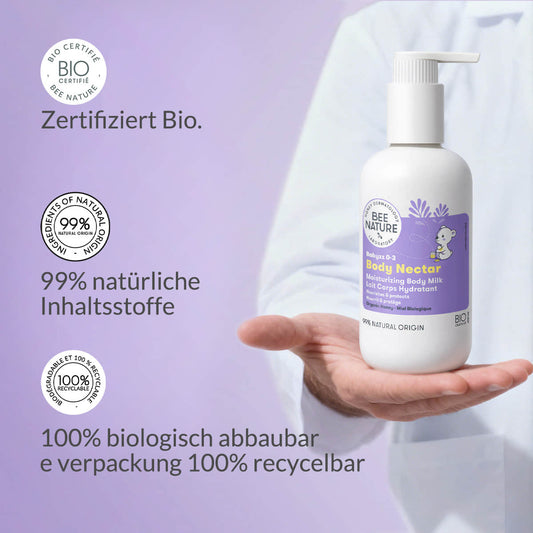 Das zertifizierte Bio-Siegel bestätigt die rein natürlichen Inhaltsstoffe der Lotion.