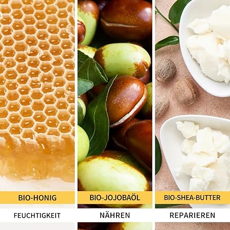 Natürliche Sheabutter und Mandelöl dringen tief in trockene Haut ein, füllen Lipidlücken auf und stellen die Elastizität wieder her.
