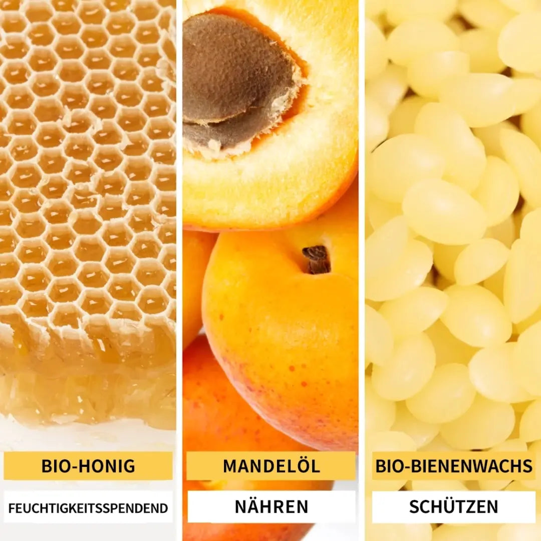 Hauptinhaltsstoffe in BIO-Qualität: Pflegendes Bienenwachs und beruhigender Honig – zertifiziert für pure Natürlichkeit.